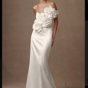 Meshki Ivory One-Shoulder Satin Gown with Floral Appliqués